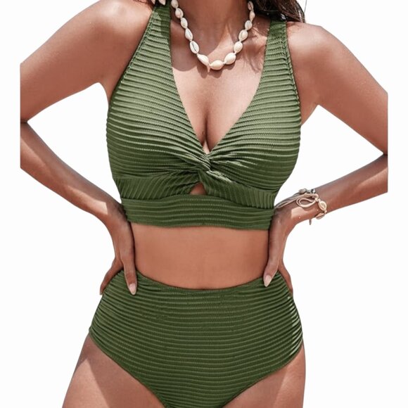 Women's Green Textured Plunge Neck Keyhole Front High Waisted Bikini Set Size S - Picture 1 of 12